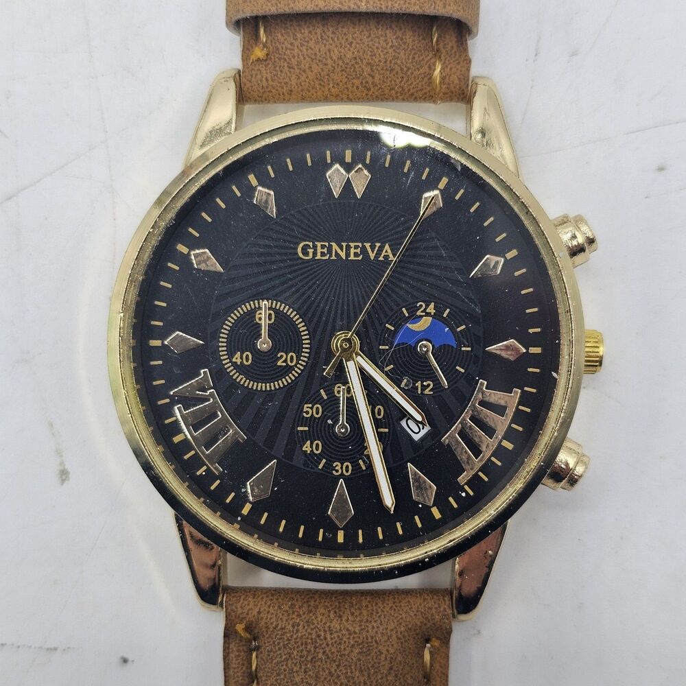 Geneva Mens Watch Brown Leather Band Runs Great